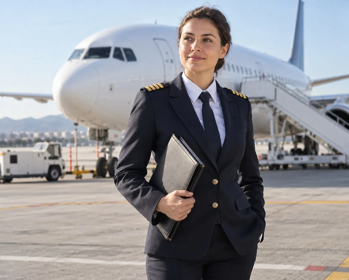 Üniformalı kabin memuru ya da pilot, apronda uçağın önünde; gün ışığı, sade arka plan.