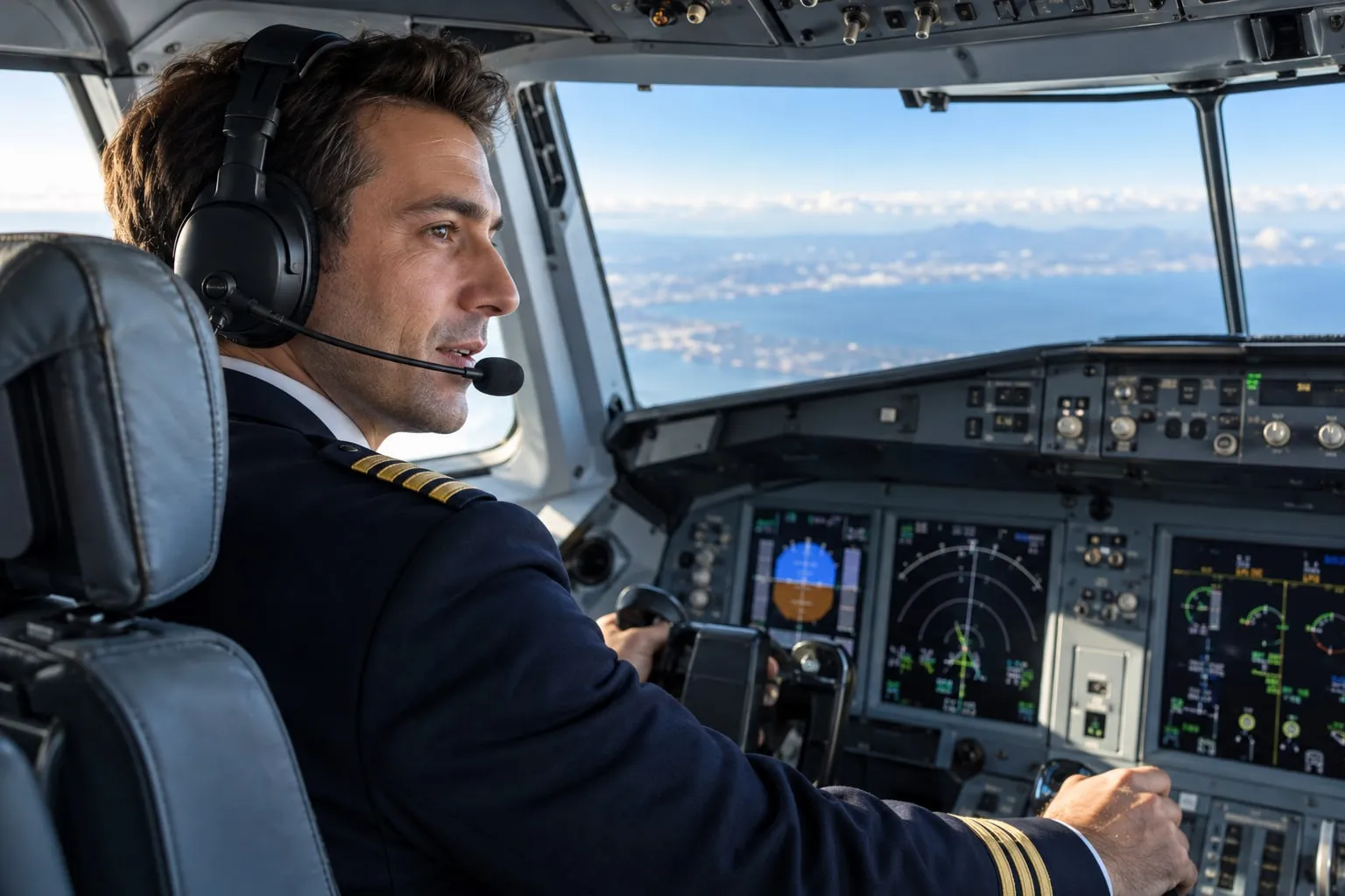 Kokpitte pilot, kulaklıkla; dışarıda gökyüzü.