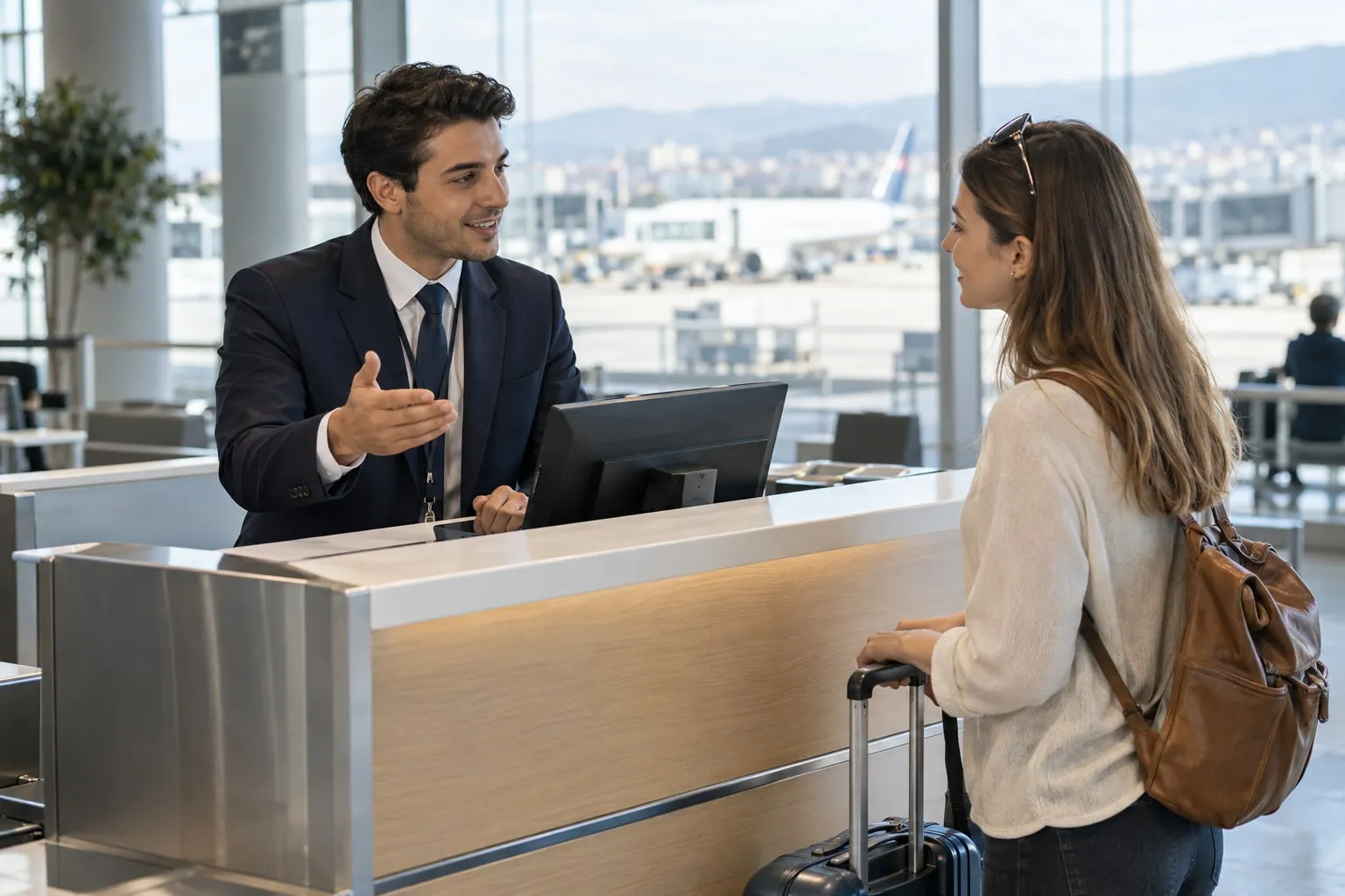 Check-in bankosunda host/hostes, misafire bilgi verirken.