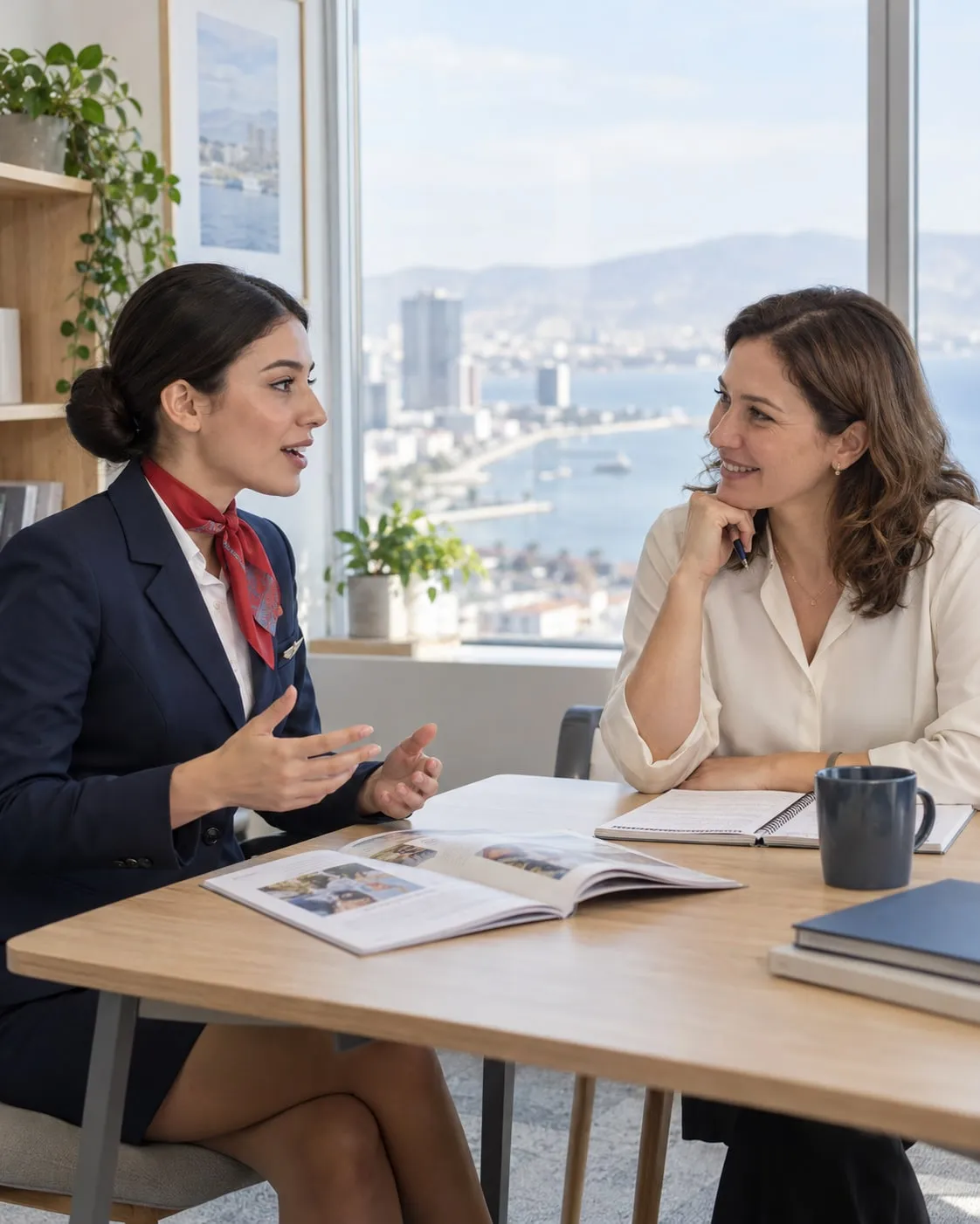 Biz English ofisinde, üniformalı bir öğrenciyle birebir ders; ya da apronda kabin ekibi.